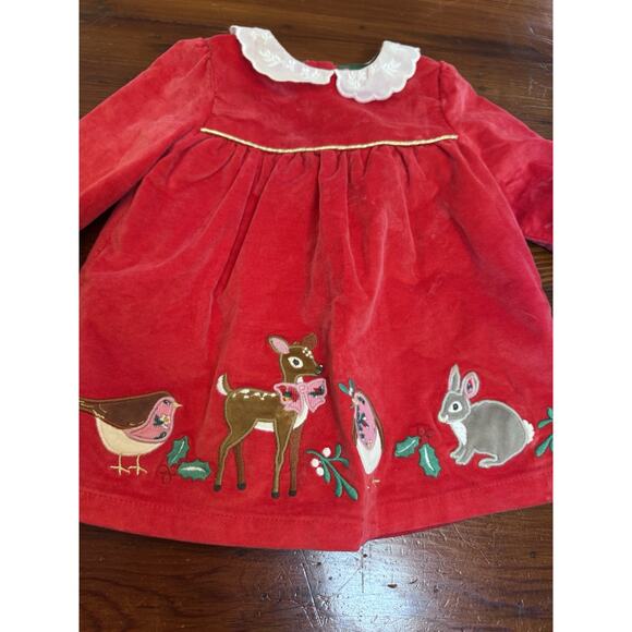 Mini Boden Appliqué Velvet Dress Poppy Red Size 0-3 Months Lined Lace Collar - Picture 4 of 11